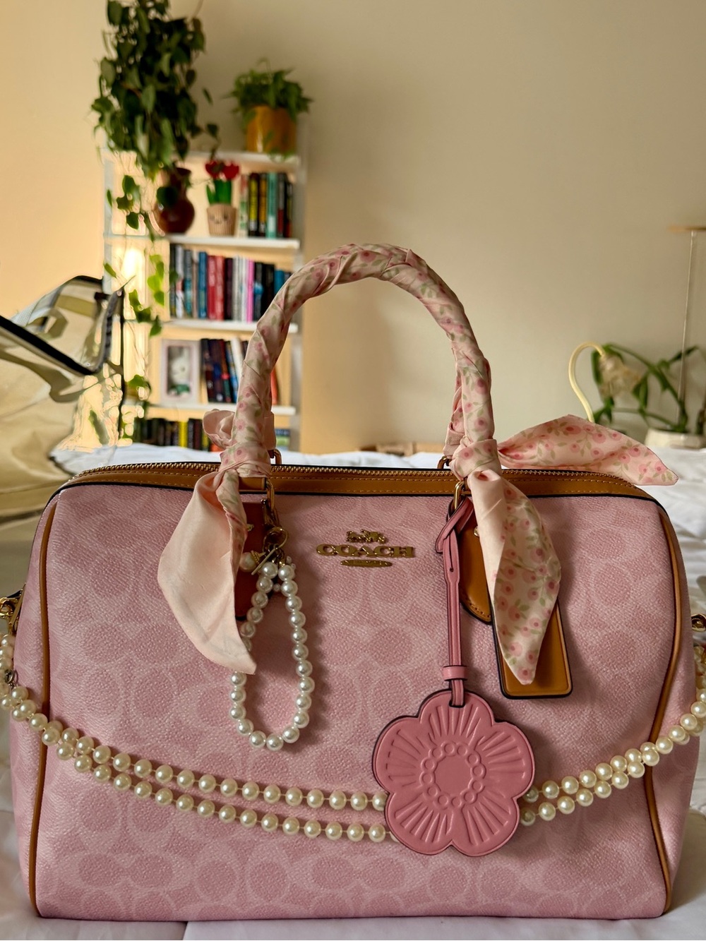 Coach Pink Signature Satchel with Floral Tag and Pearl Accents